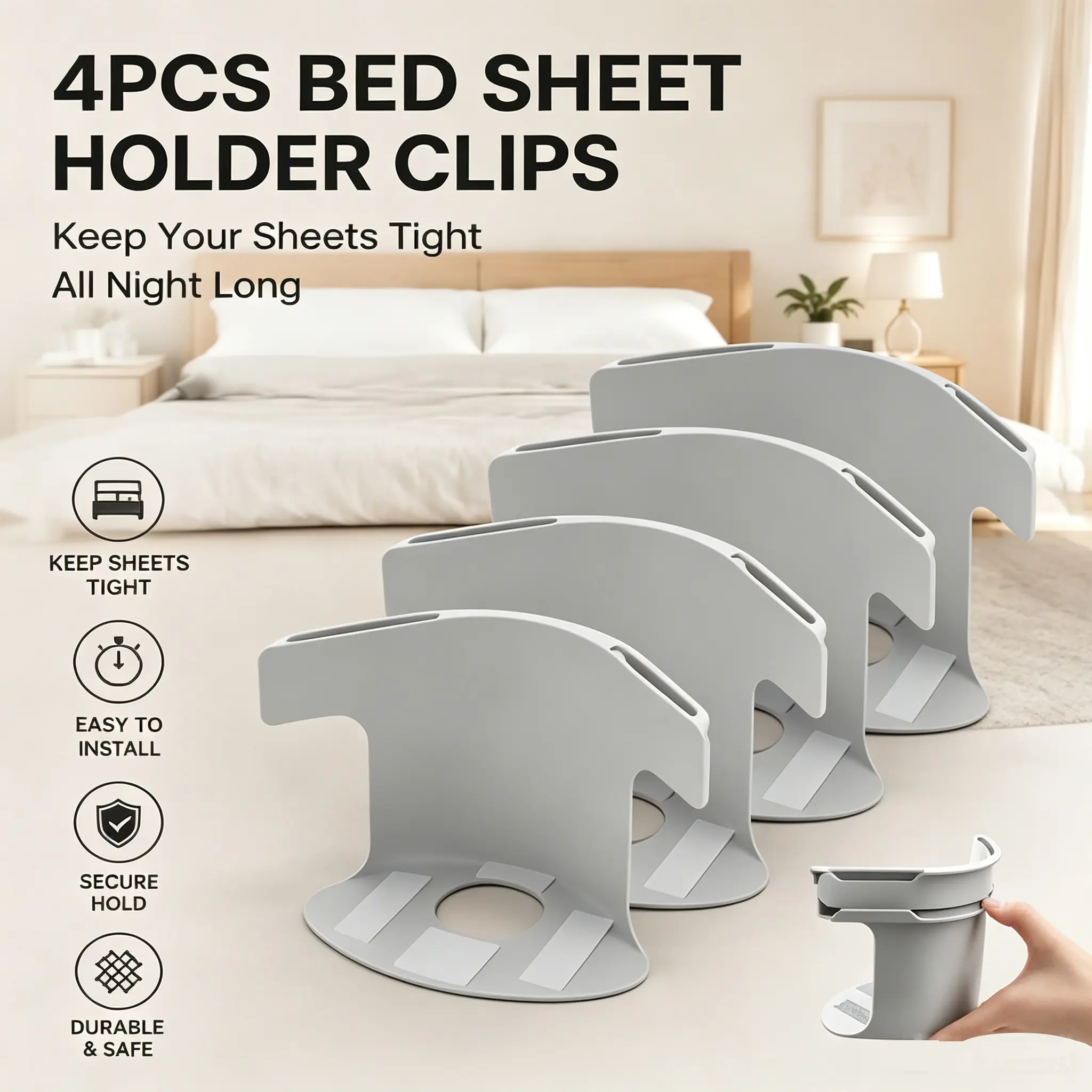 4-Pack Heavy Duty Bed Sheet Holder Clips, Mattress Corner Sheet Fasteners, Anti-Slip Invisible Bed Sheet Grippers, Easy Install Bedding Accessories, Household Gadgets Gift for Him