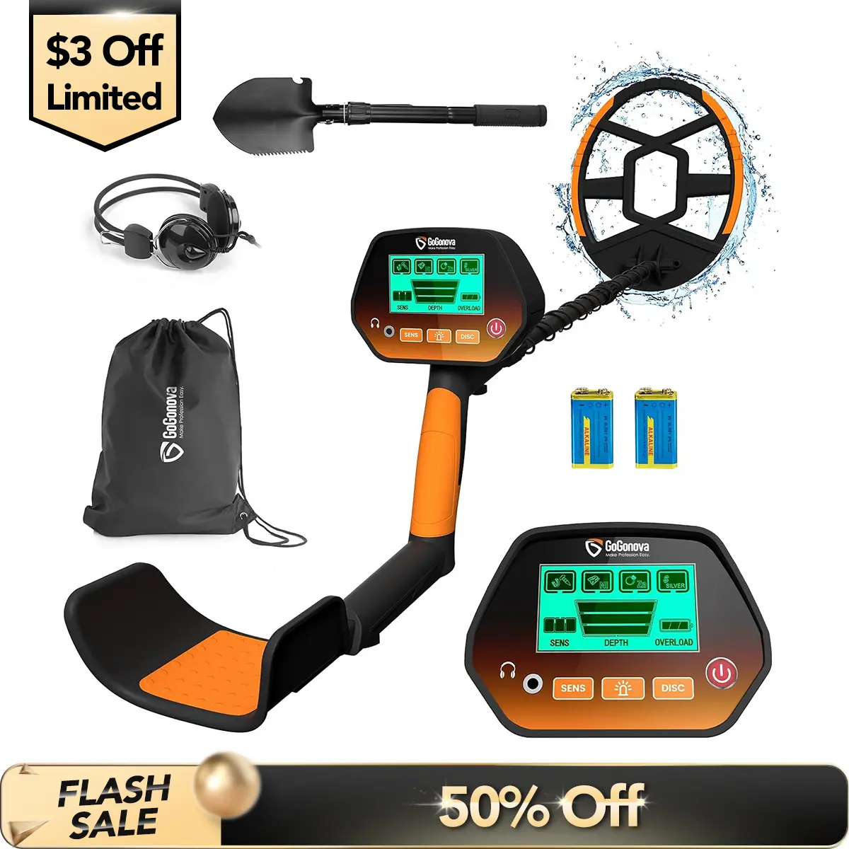 GoGonova Waterproof Handheld Metal Detector for Kids & Adults, 8" Search Coil, IP68 Rating, All Metal & Disc Modes, Adjustable Stem, LCD Display, Durable Shovel+Bag, Anti-Interference Headphones, Lightweight Tools and Gadgets Work Tool Kit