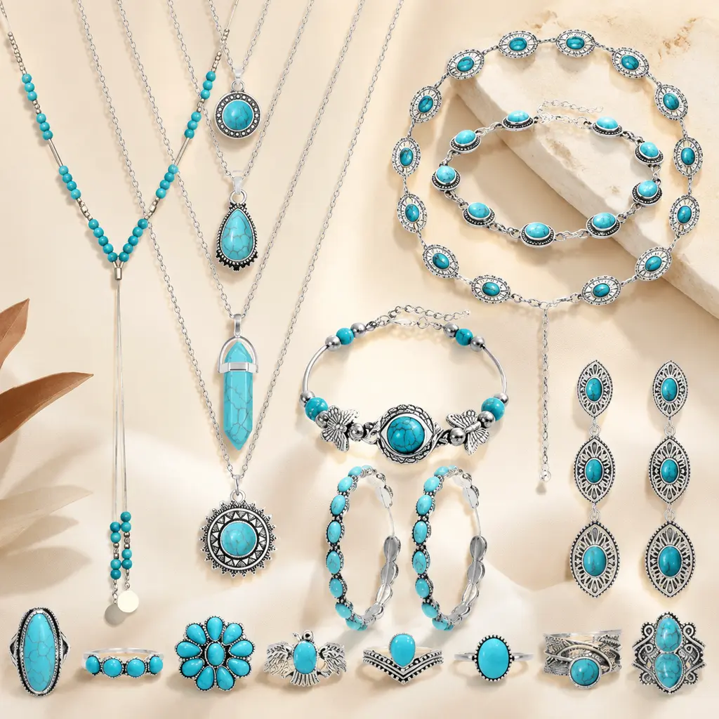 20-piece set, including necklace, bracelet, earrings and ring - versatile jewelry set | Fashionable jewelry set, adorned with elegant turquoise accents, suitable for daily wear, party accessories and casual date decorations (excluding packa