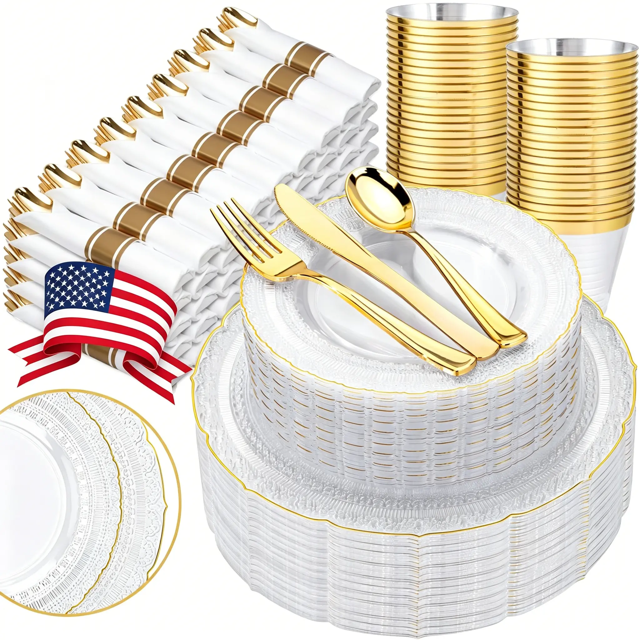 350PCS Clear Gold Plastic Plates - Gold Disposable Plate Service for 50 Guests - 100 Plastic Plates, 50Pre-Rolled Napkins with Cutlery, 50 Cups Perfect for Wedding,Party and Independence Day