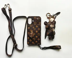 Luxury Phone Case for iPhone 17 with Phone Holder Wallet and Teddy Bear Charm Brown Design