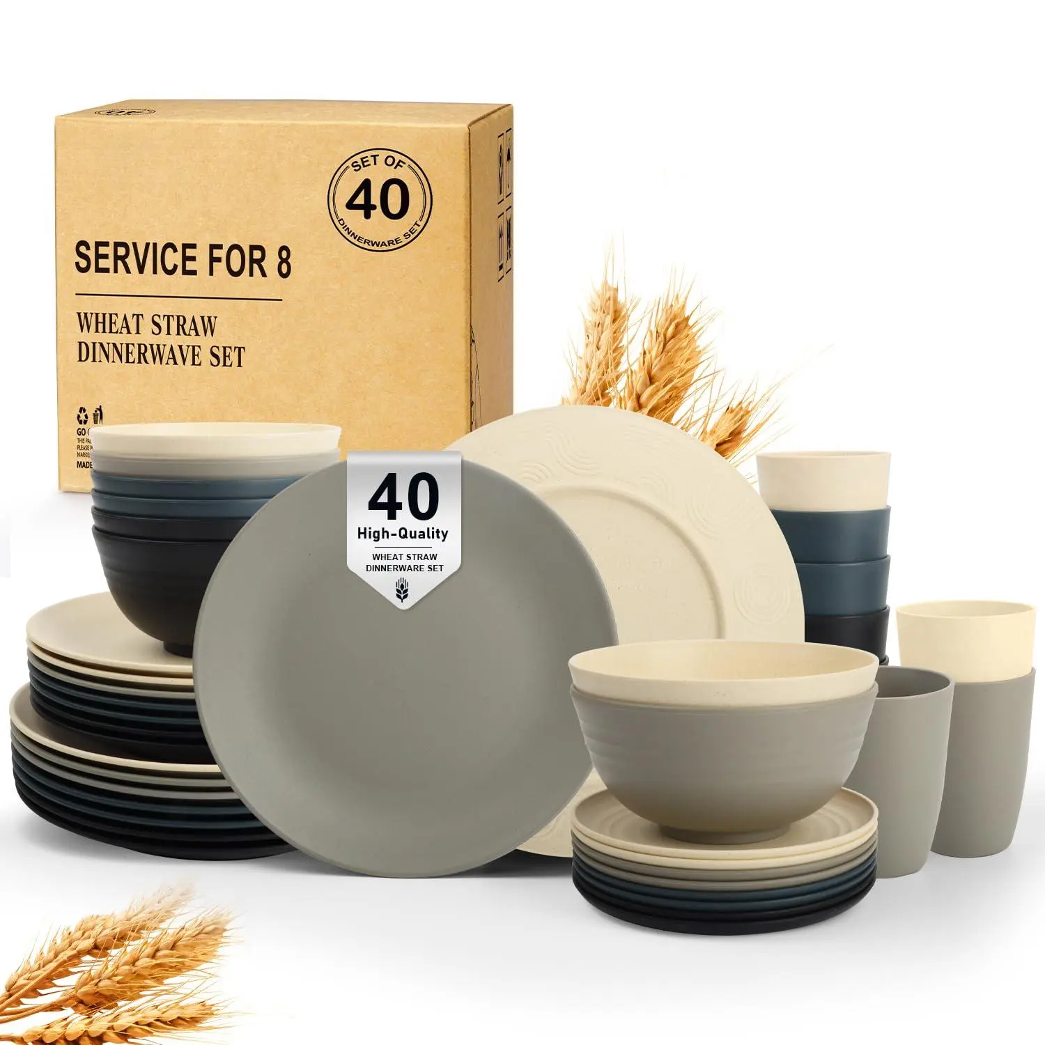 40 Wheat Straw Dinnerware Set | Service For 8 Plastic Dishes Unbreakable Plates And Sets  Drinking Glasses Dishwasher Microwave Safe Dish Kitchen - Gray Stone