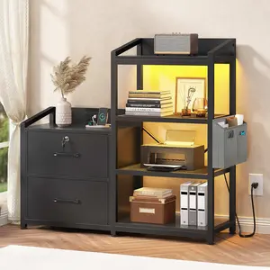 SIKAIC 35.4" File Cabinet with LED & Bookshelf, Black Office Storage Cabinet for Home Office