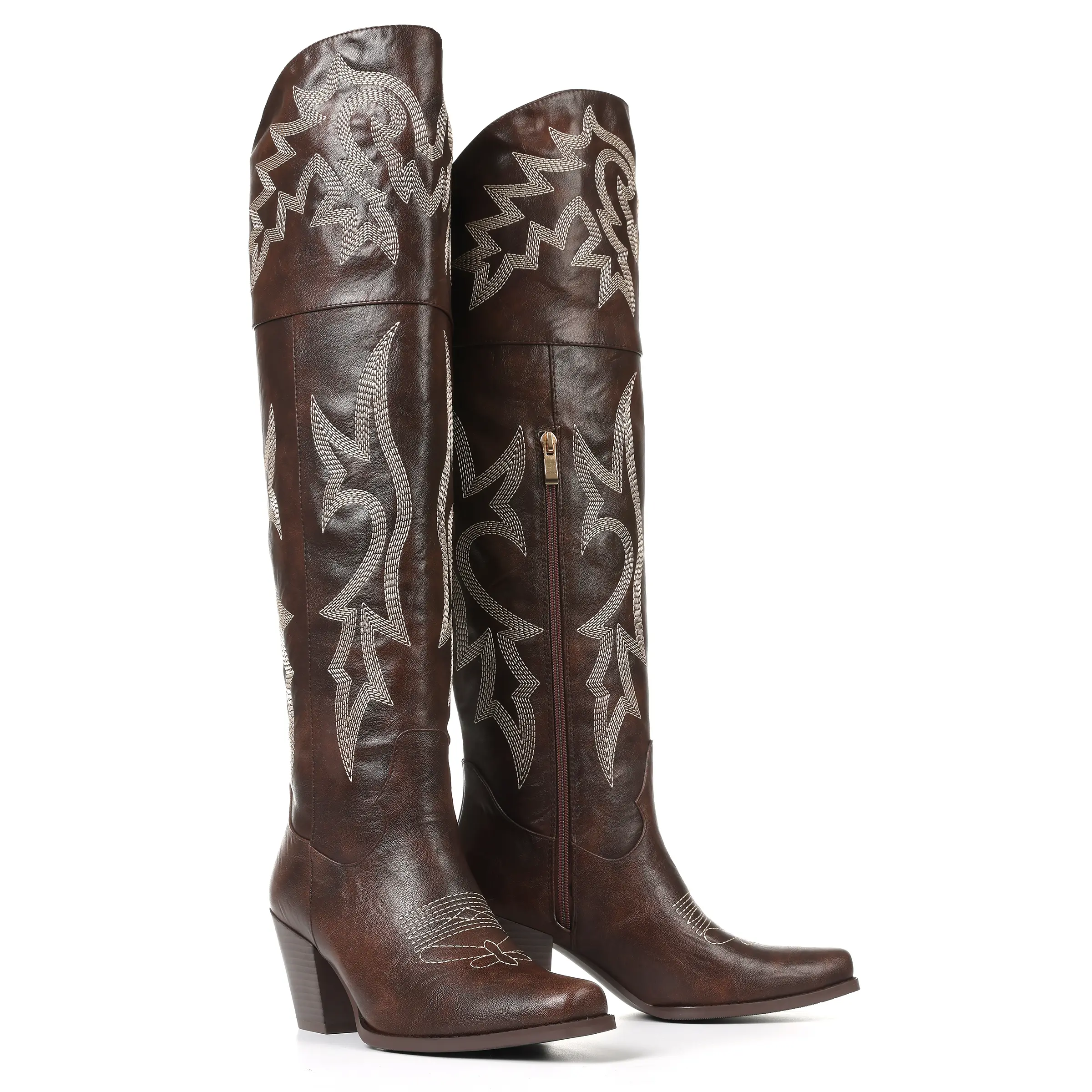 Over the Knee Cowgirl Boots for Women Pointed Toe Embroidered PU Leather Western Boots with Side Zipper Chunky Long Cowboy Boots Summer Shoes Footwear Winter boots ground carnival