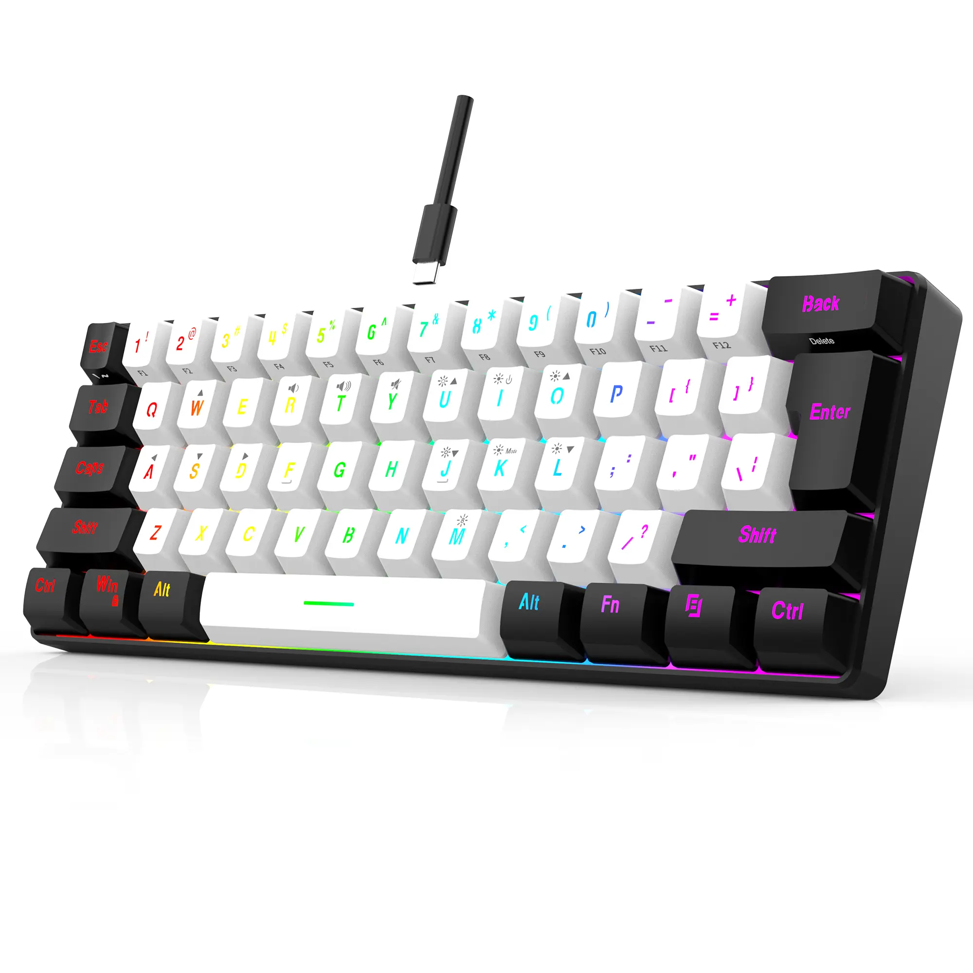 60% Wired Gaming Keyboard, 61 Keys RGB Backlit Ultra-Compact Small Gaming Keyboard, for PC/Mac Gamer, Typist, Travel, Easy to Carry on Business Trip(Black-White)