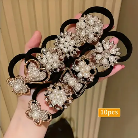 10pcs Rhinestone Faux Embellished hair band, Cute Elastic Jersey Material, Includes Minimalist & Elegant Styles Women's Hair Ties, Elastic Band Scrunchie, Hair Style Accessory