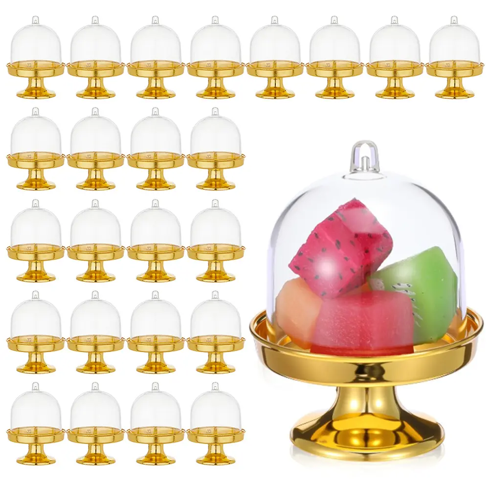 24 Packs Mini Cake Stand with Dome, Gold Base Mini Donut Domes & Tiny Cake Stand for Cupcakes, Desserts, Candy Display Perfect for Weddings, Birthdays, Parties