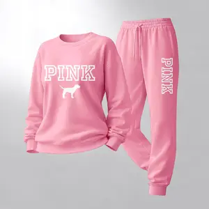 Women's Cute Dog Print Crewneck Sweatshirt and Drawstring Track Pants Set, Casual Sportswear, Long-Sleeve Round Neck Top and Pants, Suitable for Spring, Autumn and Winter, Everyday Wear