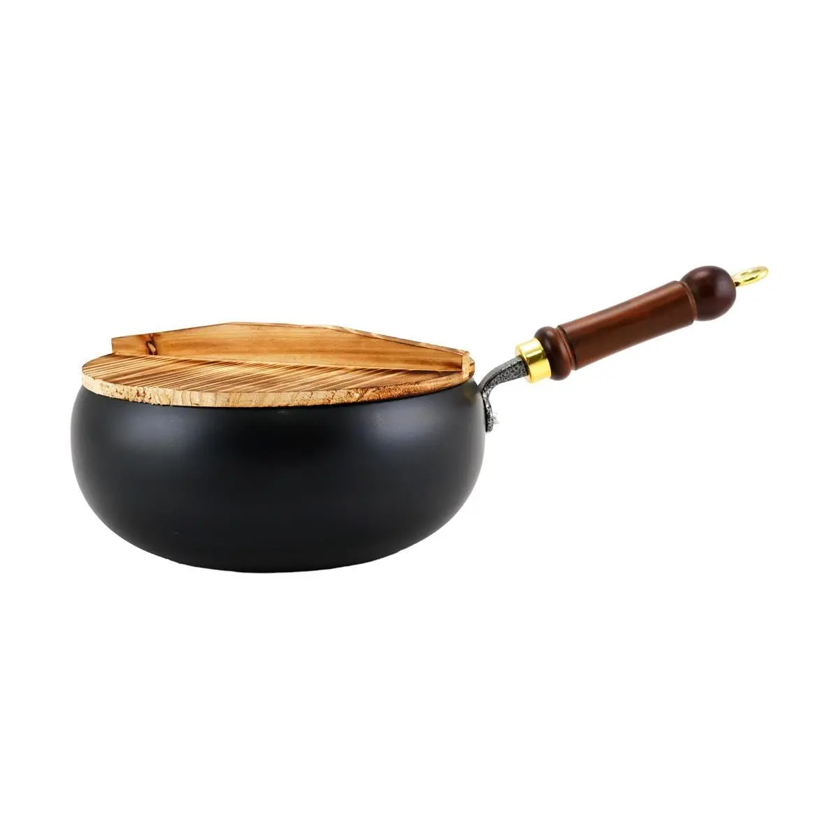 KAWASIMAYA 24cm Carbon Steel Wok Pan with Wooden Cover & Handle, Traditional Deep Belly Large and Deep Pot for Asian Cuisine, Moisture-Flavor Retaining Insulated Stir-Fry Cookware