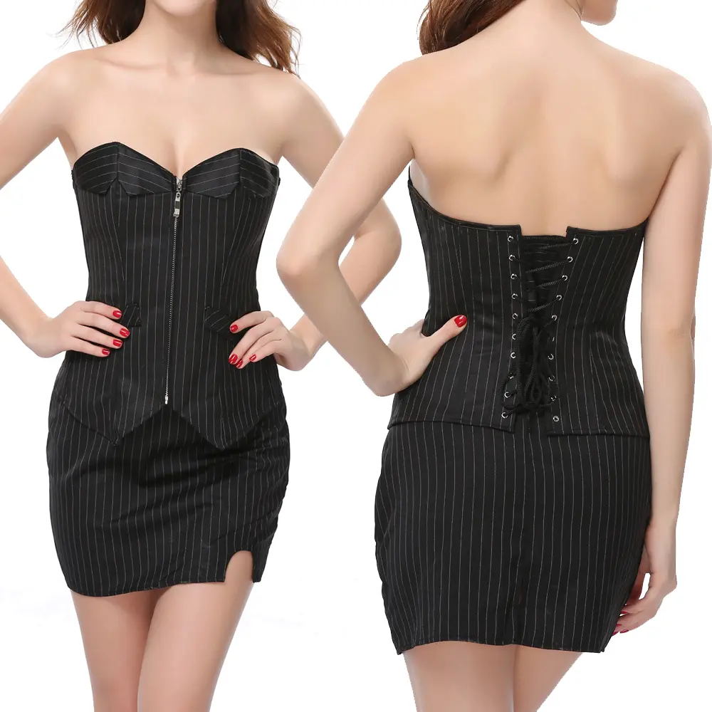 Women's 2-Piece Pinstripe Skirt Set, Strapless Overbust Corset Top and Bodycon Mini Skirt, Sexy Club Party Clothes for Girls, Square Neck, Mesh, Sleeveless