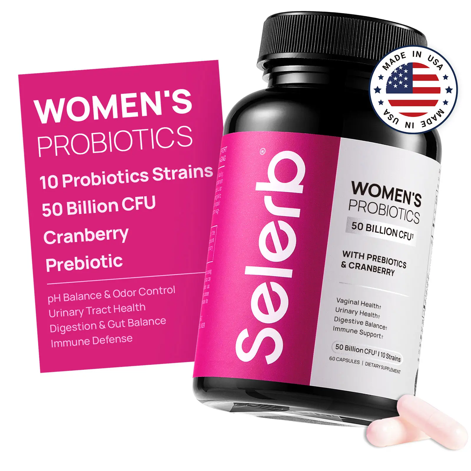 Selerb Probiotics for Women – 50 Billion CFU with Cranberry & Prebiotics – Vaginal, Digestive & Urinary Health Support – 60 Capsules