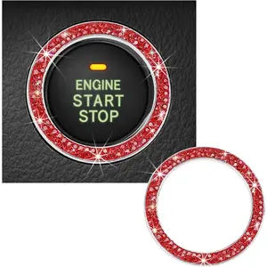 Bling Crystal Double Rhinestone Car Engine Start Decoration Ring, Sparkling Push Start Button Sticker, Key Ignition & Knob Ring Decoration, Bling Car Interior Accessory(Red)