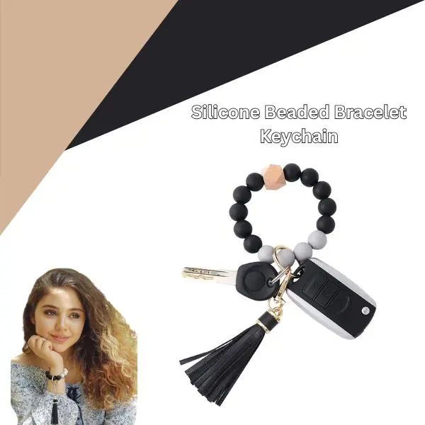 Silicone Beaded Bracelet Keychain for Women, Wristlet Key Ring Bangle with Leather Tassel, Stylish Bead Key Holder for Car Keys & Gifts
