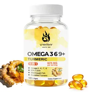 VYHTHY Omega 3 6 9 Fish Oil + 7 Turmeric Supplements 1875mg - 5 in 1 Premium Fish Oil Softgels with High EPA DHA, Borage & Macadamia Nut Oil, Emulsified Turmeric Root - Joint, Heart & Immune Support - 120 Softgels
