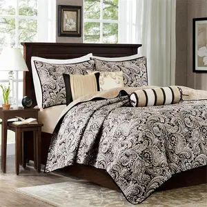 212 MAIN 6-Piece Polyester Jacquard Weave Coverlet Set - Classic Paisley Motif, Machine Washable, Black, California King Size for King Size Beds