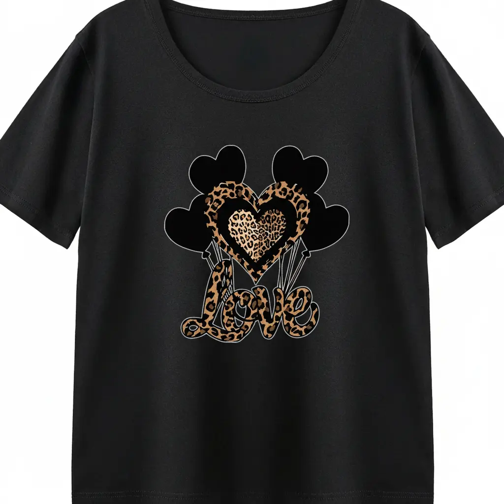 Graphic Tee Women Leopard Print Heart Love Balloon Design Romantic Trendy Oversized Casual Fashion Comfy Soft Top Summer Crewneck Tshirt