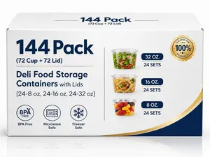 144 Pack(72cup+72lid) - Deli Food Storage Containers with Lids [24-8 oz, 24-16 oz, 24-32 oz] - BPA Free, Microwave and Freezer Safe Kitchen Plastic