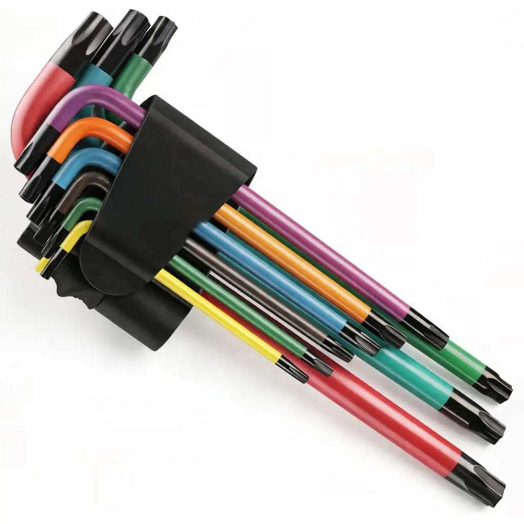 Torx Wrench Set, 9-Pack Security Tamper-Proof Keys with Anti-Rust Corrosion Finish, S2 Alloy Steel, Color-Coded in T10, T15, T20, T25, T27, T30, T40, T45, T50 Sizes