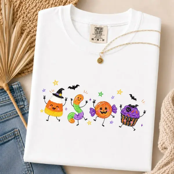 Comfort Colors Cute Halloween Candy Shirt, Kawaii Spooky Sweets Graphic Tee, Candy Corn Pumpkin Cupcake Trick or Treat T-Shirt, Funny Fall Halloween Shirt, Vintage Garment Dyed Tee Cotton Top