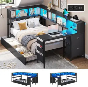Sikaic Corner Twin Bed Frame with Desk, Charging Station and Bookcase Storage Twin Size Daybed for Kids/Teen with Storage Drawers, Led Lights and Shelves Twin Size Platform Bed Frame with Desk summergarden