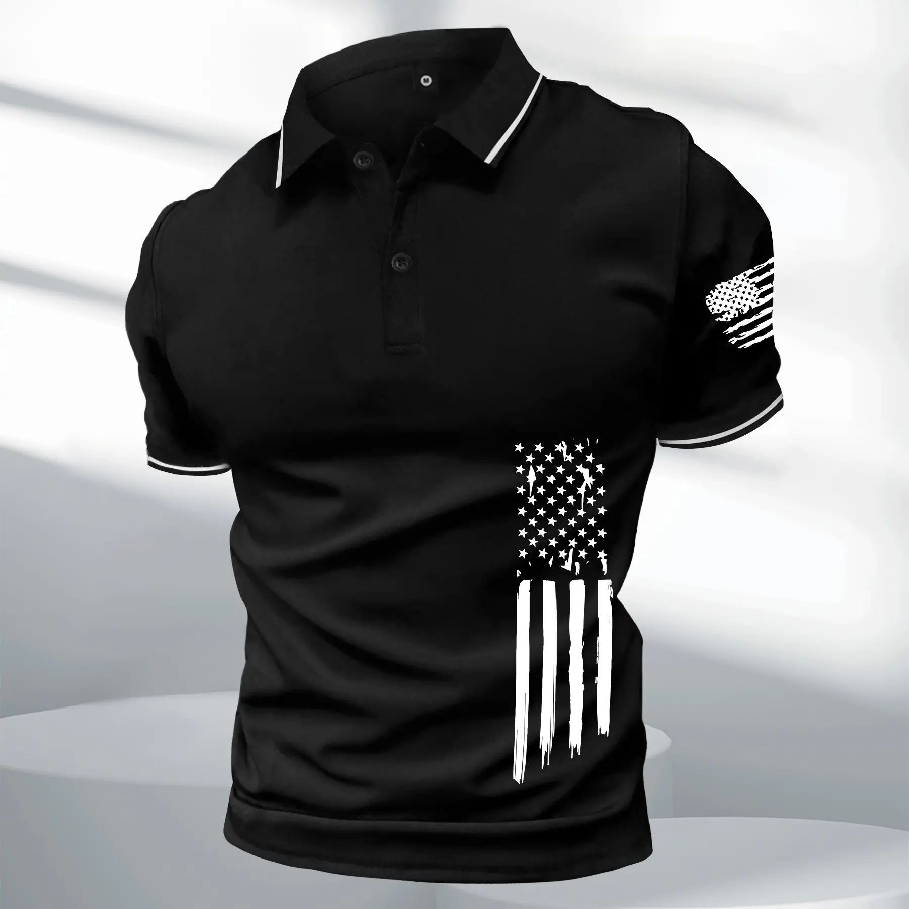 Men's Fitted Shortsleeve Round Lapel Button Polo Shirt - H-Type, Skin-Friendly Fabric, 2026 Horizontal Stripes Stars & Stripes Print, Contrast Color Details, Contrast Binding, Machine Washable, Chic Summer Outerwear, Autumn Layering Piece