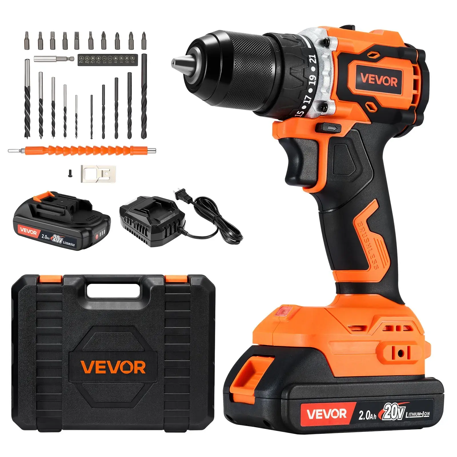 【Summerfinds】VEVOR Cordless Rechargeable Drill Driver Set1/2 in Metal ChuckBrushless MotorDual-Speed VariableLed Light DrillTool Box Includedfor Wood & Metal DrillingScrew DrivingRechargeable Drill Set, Led Light Drill