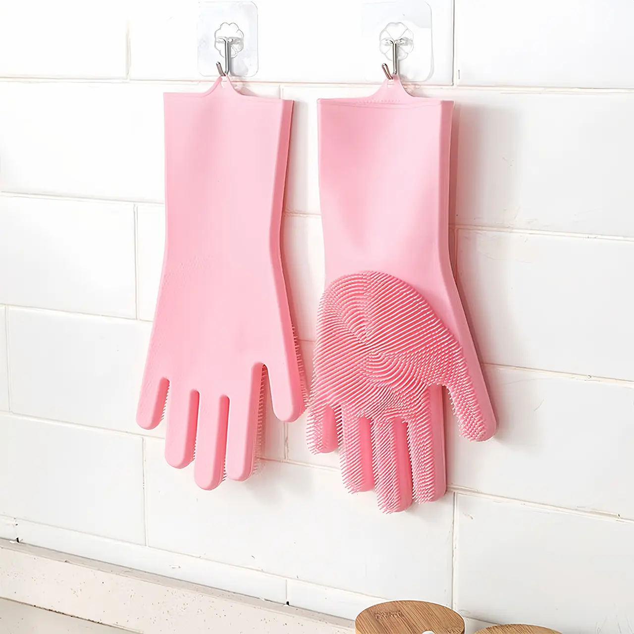 Silicone Gloves for Cleaning & Dishwashing, Winter Waterproof Kitchen Gloves with Brush Bristles, Durable Household Work Gloves