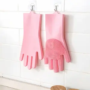 Silicone Gloves for Cleaning & Dishwashing, Winter Waterproof Kitchen Gloves with Brush Bristles, Durable Household Work Gloves
