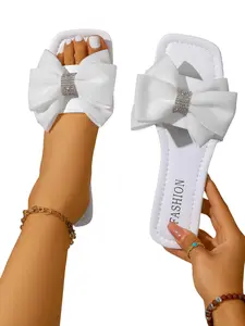 Women's Bow Rhinestone Square Toe Sandals, 3D Butterfly Design Full Diamond Decor, Sweet Romantic Wedding Style, PU Leather, Medium Width