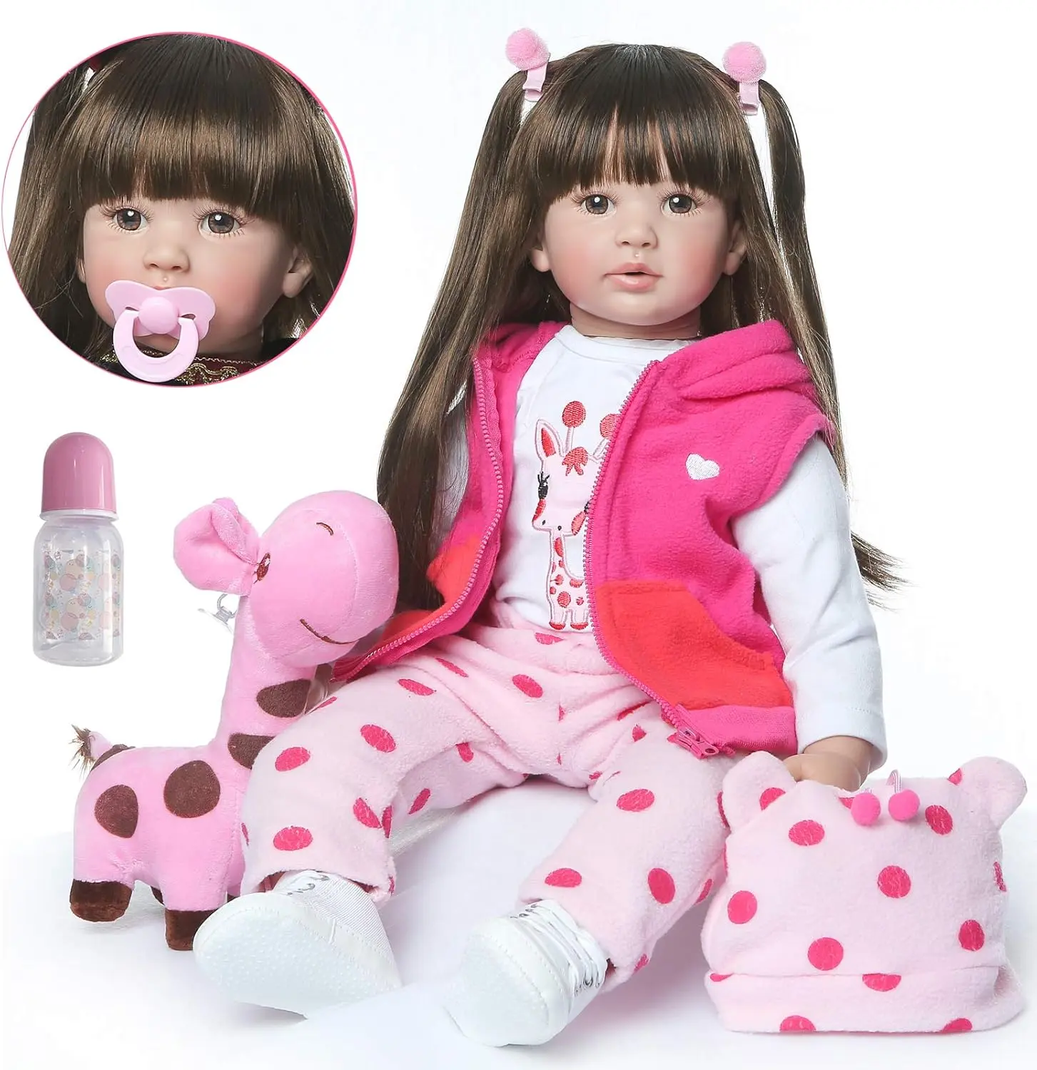 24-In Reborn Baby Doll for Girls, Lifelike Weighted Silicone Vinyl Toddler Doll with Soft Cuddly Cloth Body, Long Hair, Magnetic Pacifier, Stuffed Toy Christmas Gift for 3+ Kids, Girl