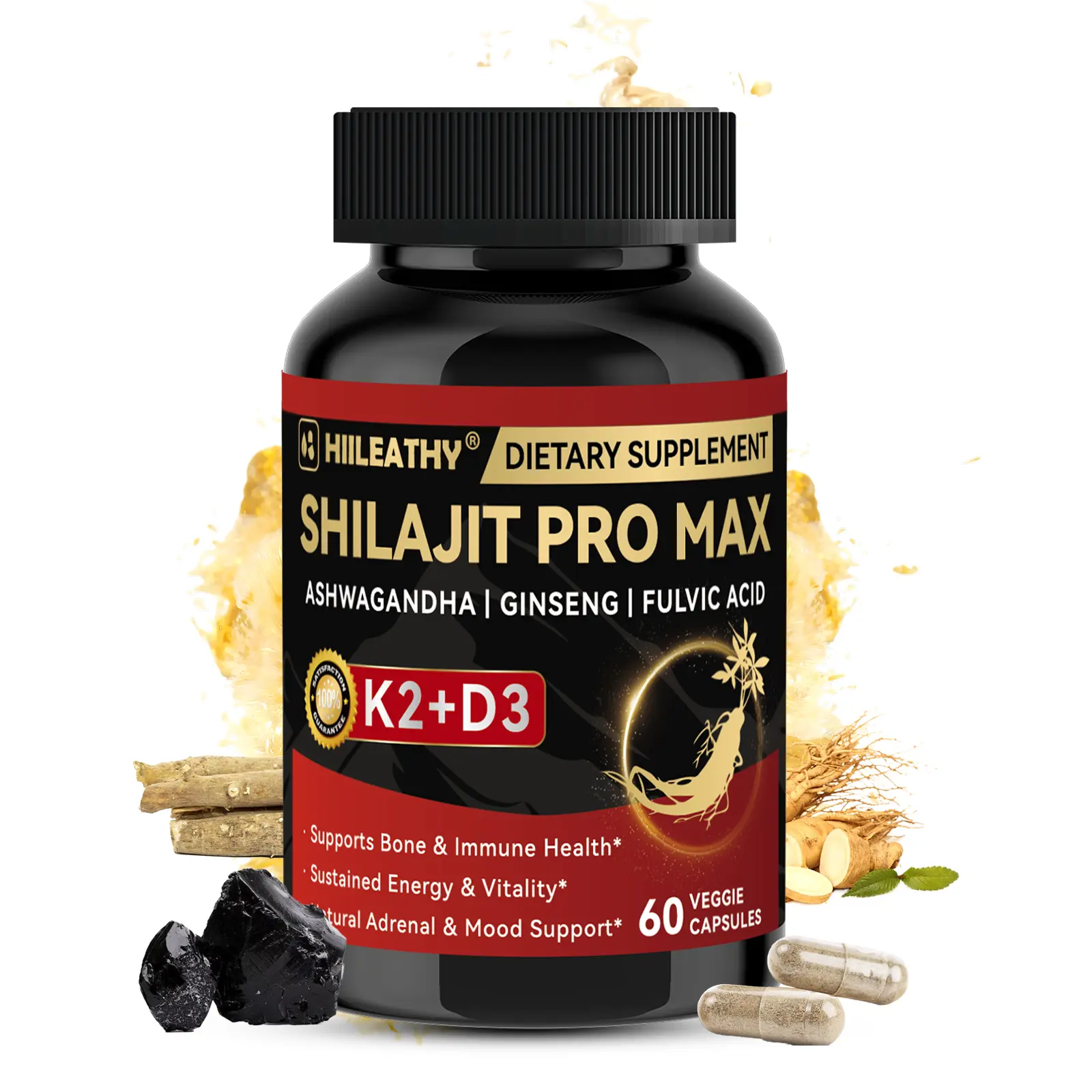 HIILEATHY Shilajit Advanced Pro Supplement - 60 Capsules - K2 & D3 Enriched - Potent Fulvic Acid and Mineral Complex - Supports Daily Energy and Immune Function