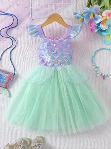 Girls' Mermaid Princess Dress, Mesh Fabric, Sequins Embroidery, Sleeveless Design, Perfect for Festivals & Performances, Sparkly Glitter Dresses