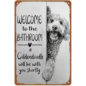 Vintage Metal Sign, 8x12in Aluminum Goldendoodle Funny Welcome Hanging Plaque with Pre-Drilled Holes, Indoor-Outdoor Home Decor Wall Art, Dog Lovers Gift
