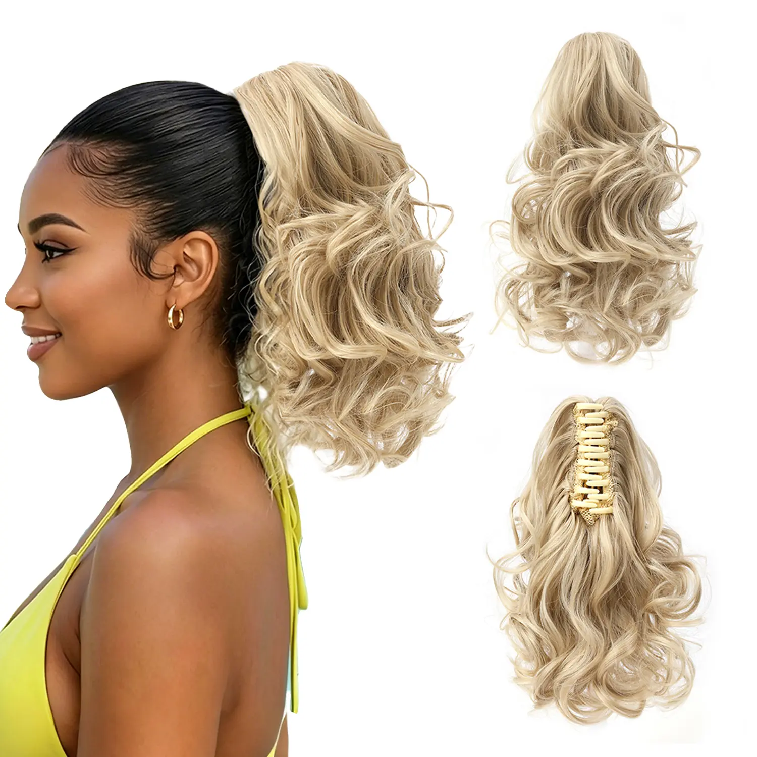 Ponytail Extension 10 inch Drawstring  claw Curly Wavy Ponytail Extensions Clip in Long Pony Tails Hair Cute Synthetic HairPiece for Women Light Brown Mix Ash Highlights
