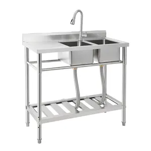Garvee Stainless Steel Double Bowl Utility Sink with Pull-Out Faucet and Hot/Cold Water Pipes, Freestanding Commercial Laundry Sink Set for Kitchen, Restaurant, Garage - 39"x18"x40"