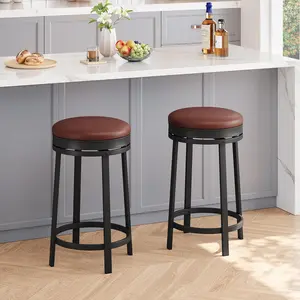 Gaomon 2-Piece 24.4in Counter Height Swivel Bar Stools, Upholstered PU Leather Cushion Backless Round Stools with Metal Frame for Kitchen, Home Bar (Brown)