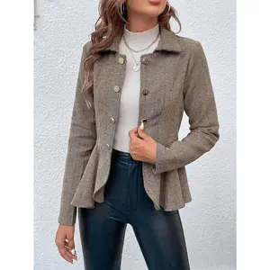 Elegant Women Blazer Business Work Office Peplum Hem Jacket Open Front Herringbone Coats