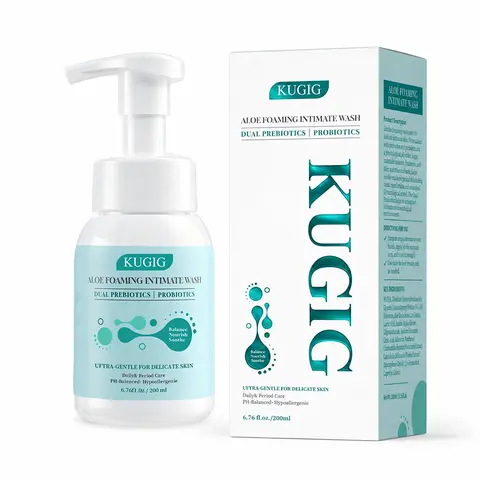 KUGIG Gentle Intimate Cleanser - 6.76 Fl Oz Nourishing Botanical Foaming Mousse, pH-Balanced Wash with Aloe, Prebiotics, Panthenol, Hypoallergenic Unflavored Safe Period Skin Health Intimate Washes & Wipes for Sensitive Skin Adults, Unisex Nontoxic Beauty