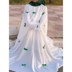 Elegant white abaya with bell sleeves & butterfly bow detail-maxi kaftan dress for women, polyester, spring/fall wear, full-length robe style