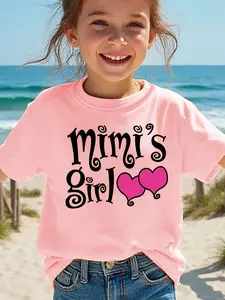 Toddler Girls' Fitted "Mimi's Girl" Cotton Graphic Printed Casual Shirts - Pink Hearts, Short Sleeve Top with Family Love Theme for Beach & Daily Wear