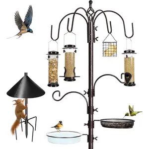 6-Hook Bird Feeding Station Kit  Bird Feeder Stand Pole, Multi-Feeder Hanging Kit Stand with Water Bowl, Mesh Tray and  Guard Baffle, 94 Inch