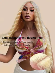 613# Blonde Color 13*4 Deep Wave Lace Front Human Hair Wig, Free Part Lace , Pre-plucked, Perfect for Daily Use, Workday Use, Party, Dating ,Event Use.
