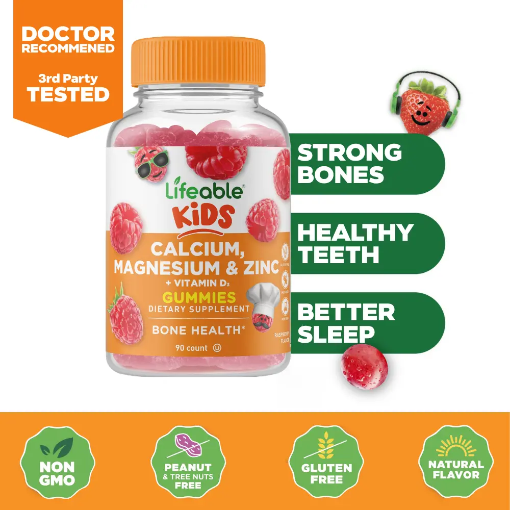 Lifeable Kids Chewable Calcium Magnesium Zinc Dietary Gummies with Vitamin D3, Bone Strength Vitamins, Raspberry Flavor, 90 Count (45-Day Supply), Dairy Free, Nut-Free Facility for Peace of Mind, Strong Bones, Gluten Free
