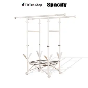 SPACIFY HOME White Adjustable Double Rod Foldable Clothes Rack, Heavy Duty Rolling Garment Organizer with Storage Net, Shoe Holders, Hooks & 360° Wheels, 32.68-55.12 in Extendable Hanger for Bedroom, Balcony & Laundry Room