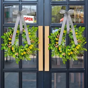 Fresh Artificial Lemon Wreath, Mixed Greenery, Striped Bow, Berries, Rustic Summer Home Porch Decor