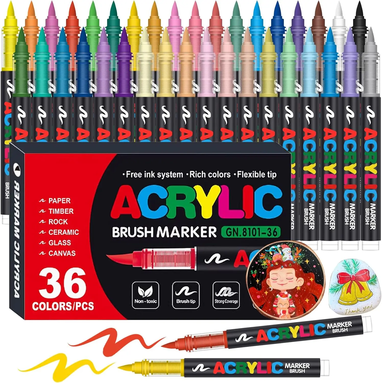Acrylic Paint Markers Set,36-Color Waterproof Graffiti Markers with Soft Brush Nib, Art Supplies for Glass, Stone, Wood, Plastic, Paper Artists
