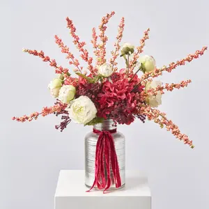 For You My Love - Rose Hydrangea, Cream Peony, Pink Spring Berry in Silver Bottle Vase with Velvet Ribbon Spring Fall Arrangement Centerpiece