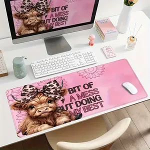 Free ExpressExtra Large Cute Calf Bow & Pink Leopard Print Mouse Pad - Non-Slip Desk with Stitched Edges, Soft Comfortable Computer Pad Suitable for Animal Lovers, Office & PC Gaming Desk