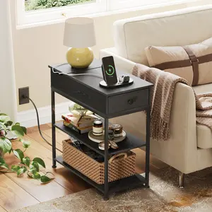 WLIVE Narrow Side Table with Charging Station, Couch Side Table for Living Room, Narrow End Table for Bedroom with Fabric Drawer, USB Ports and Power Outlets, Samll Nightstand Tables