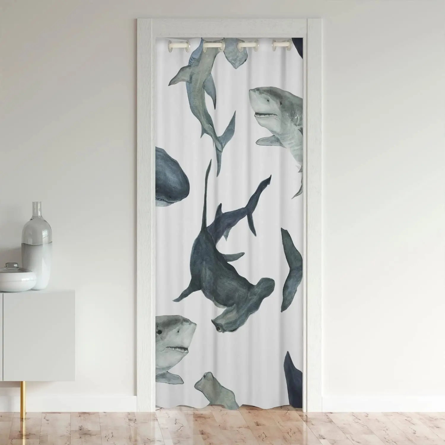 Feelyou Shark Privacy Grommet Door Curtain, 34"x80" Ocean Sea Animal Design, 30%-50% Room Darkening Blackout, Underwater World Room Decor Doorway Divider Cover, Privacy Grommet Curtains, Room Decor Curtain